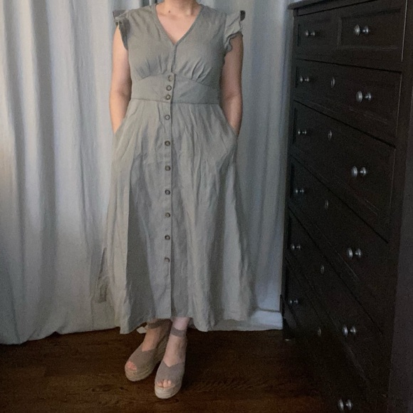 Vintage Wash Midi Dress Button Down Tencel Olive Green (M) flutter sleeve spring - Picture 16 of 16